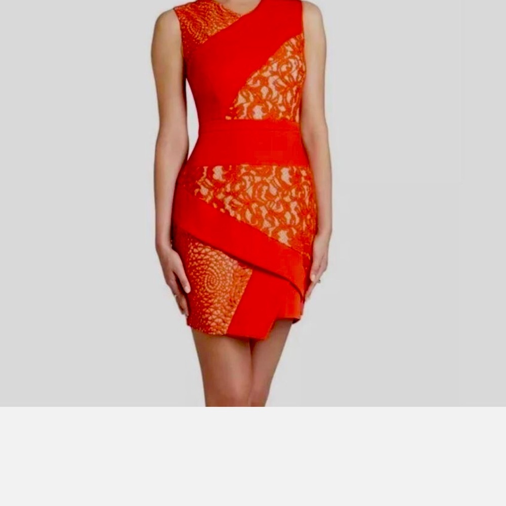 BCBGMaxAzria One Shoulder Red Lace Dress